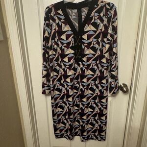 Ashley Stewart Geometric Print Long Sleeve Dress in Black, Cream and Blue